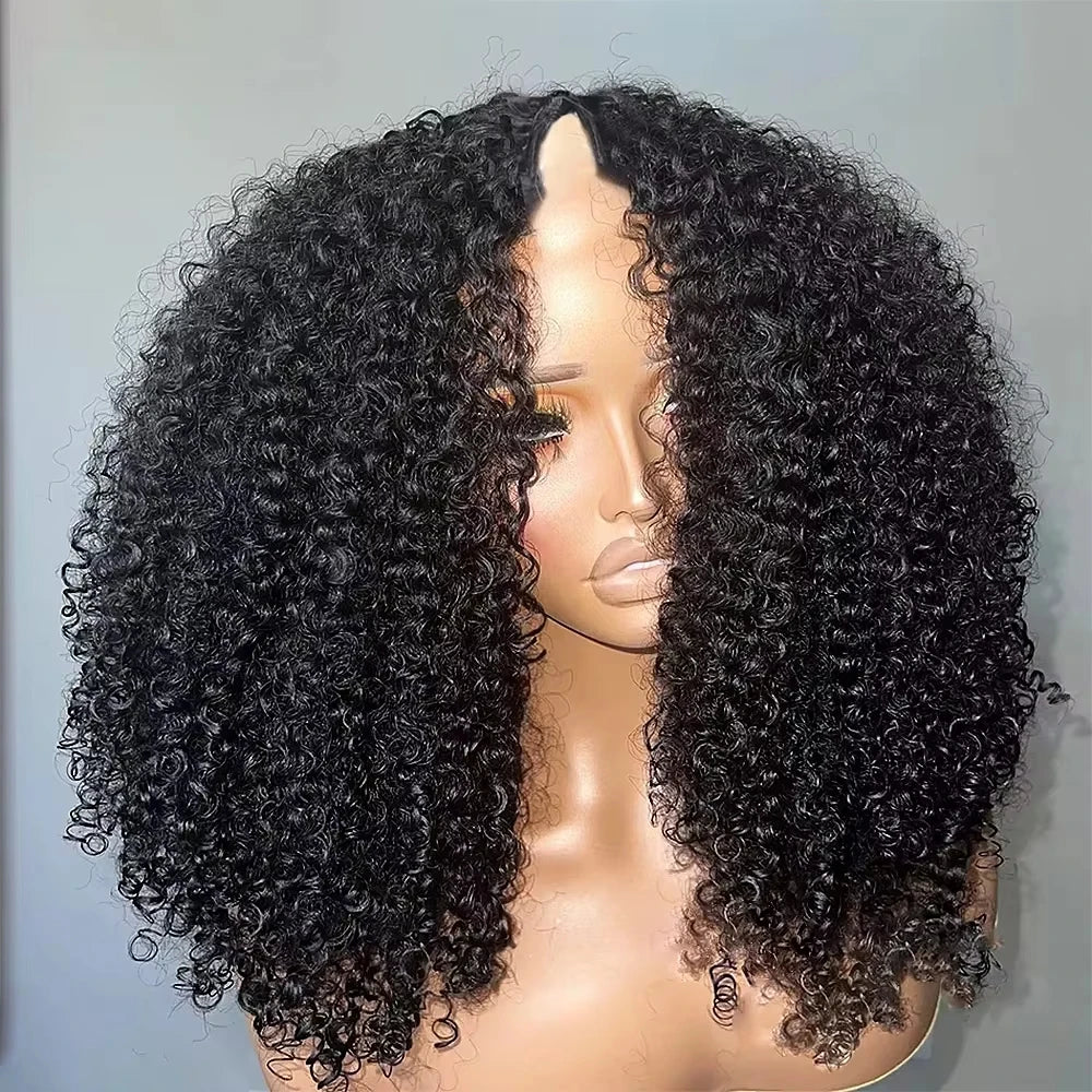 Afro Kinky Curly V Part Wig Human Hair Glueless Wig No Leave Out Machine Made U Part Upgrade Deep Curly Wig For Black Women 200%