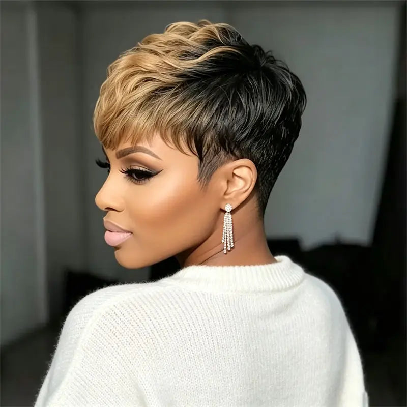 Pixie Cut Human Hair Wig Full Machine Made Black Honey Blonde Ombre 6 Inch Curly Layer Short Wig For Black Women Daily Party