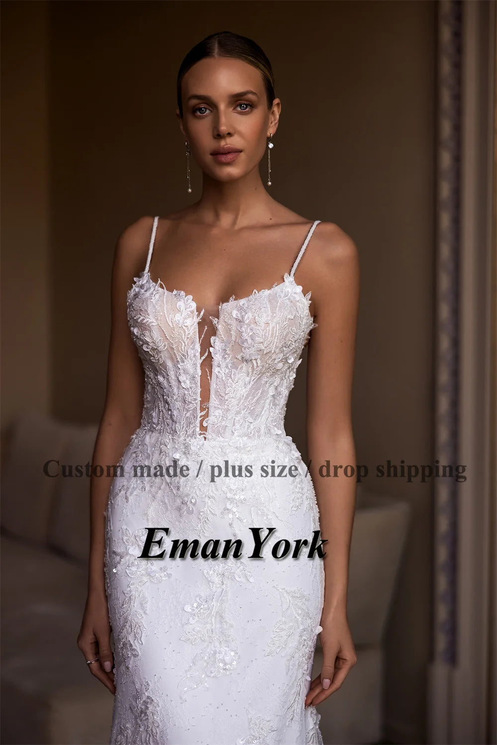 EmanY Attractive Mermaid Wedding Dresses for Women Spaghetti Straps Pearls Sweep Train Appliques Vestidos De Novia Drop Shipping