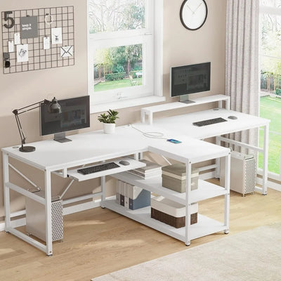 94.5" Home Office Desk with Storage, LED Lights, Power Strip with USB, Keyboard Tray & Monitor Stand