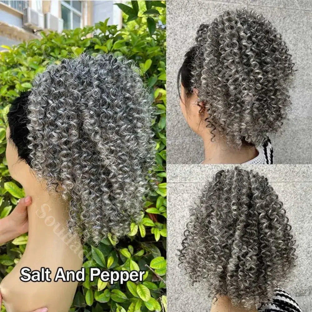 Salt And Pepper High Ponytail Jerry Curly Human Hair Drawstring Ponytail Hair Extensions Silver Gray Color