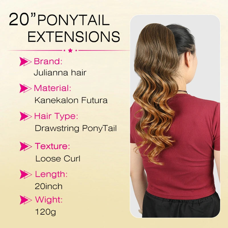 Julianna Synthetic Drawstring Ponytail Extension 20Inch Loose Curl Soft Clip In Hair Natural Synthetic Hairpiece For Women
