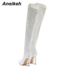 Aneikeh White Sexy Over-the-Knee Side Zipper Slip-On Pointed Toe Shoes