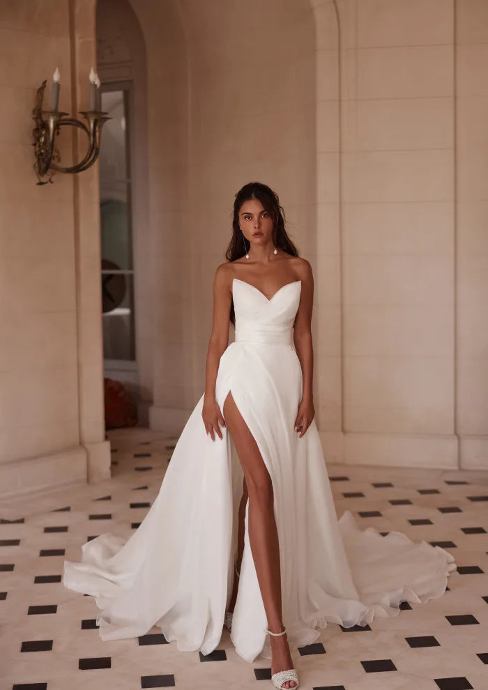 Charming Pleat V-neck Organza A Line Wedding Dresses Side Slit Custom Made Bridal Grown 2025 Vestido De Noival