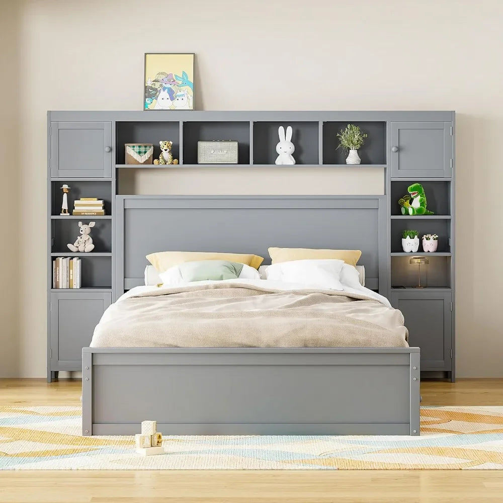 Queen Size Bed Frame with Bookcase Headboard and 4 Storage Drawers