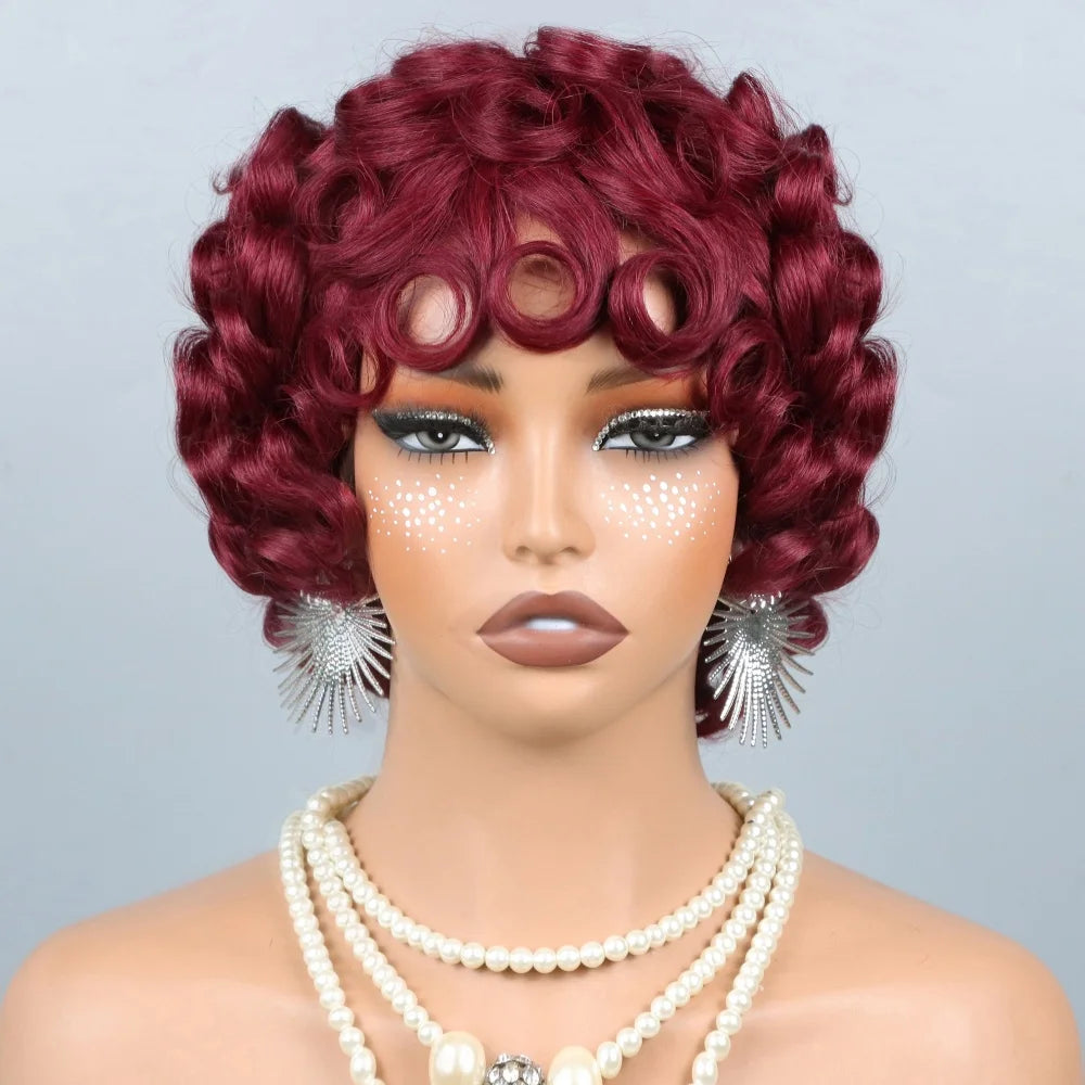 Burgundy 99J Short Human Hair Wigs for Black Women Pixie Cut Wig Human Hair Machine Made Glueless Short Curly Wigs With Bangs