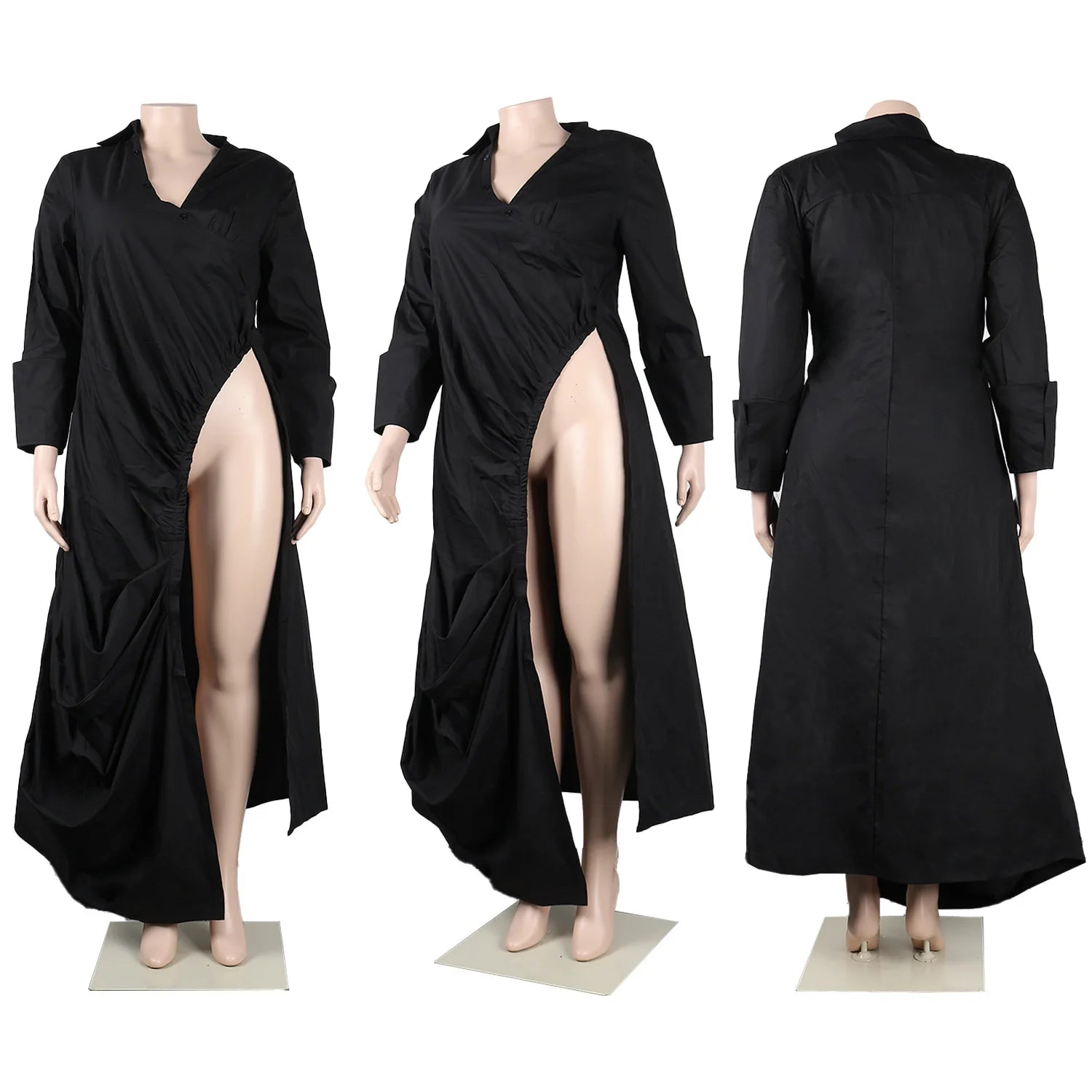 Vintage Women Long Sleeve High Side Split Ruched Up Wrap Lapel Collar White Maxi Long Dress Shirt