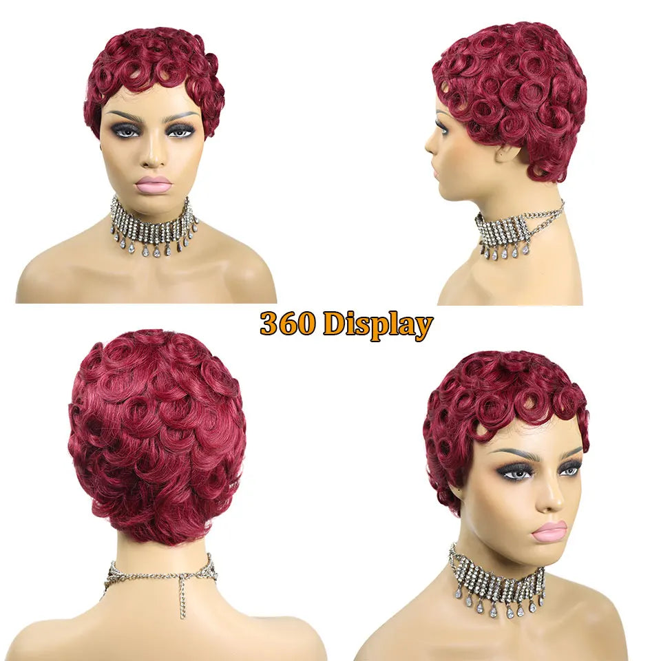 99J Curly Pixie Cut Short Wigs For Black Women Natural Black Glueless Wig Peruvian Remy Human Hair Bob Machine Made Wigs 150%