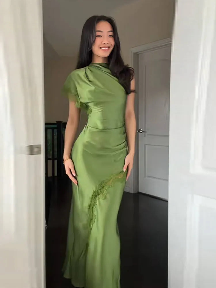 Women Elegant Green Satin Maxi Dress Lace Slit Asymmetric High Neck Draped One-sleeve Slim Fit Lgown Formal Evening Party Outfit