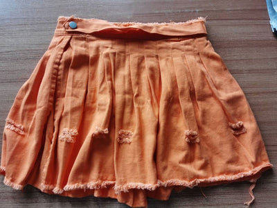 High Split Denim A-line Pleated Mini Skirt, Orange
