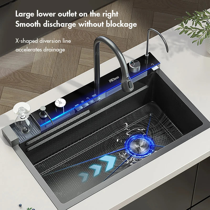 Stainless Steel Waterfall Kitchen Sink, Large Single Slot Integrated Digital Display Set, Soap Dispenser, Cup Washer