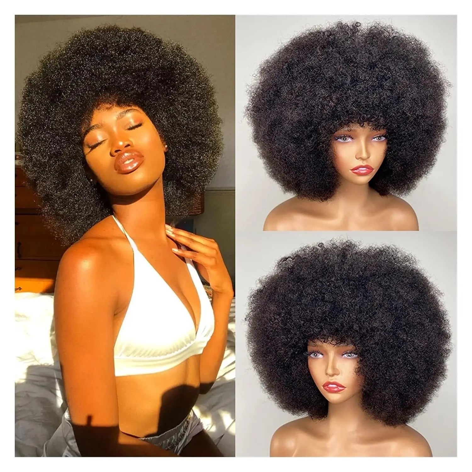 Afro Kinky Curly Human Hair Wig with Thick Bangs