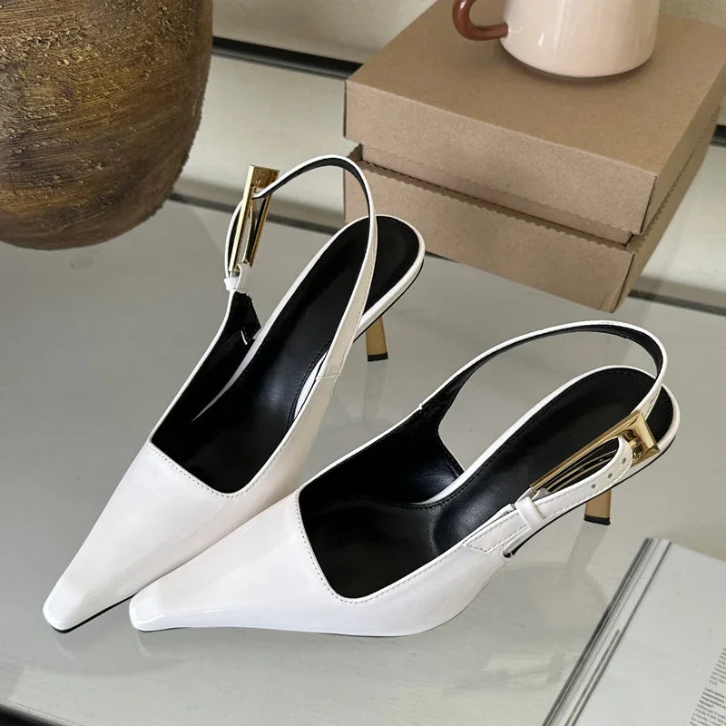 Eilyken Pointed Toe Metal Buckle Strap Slingback Heels