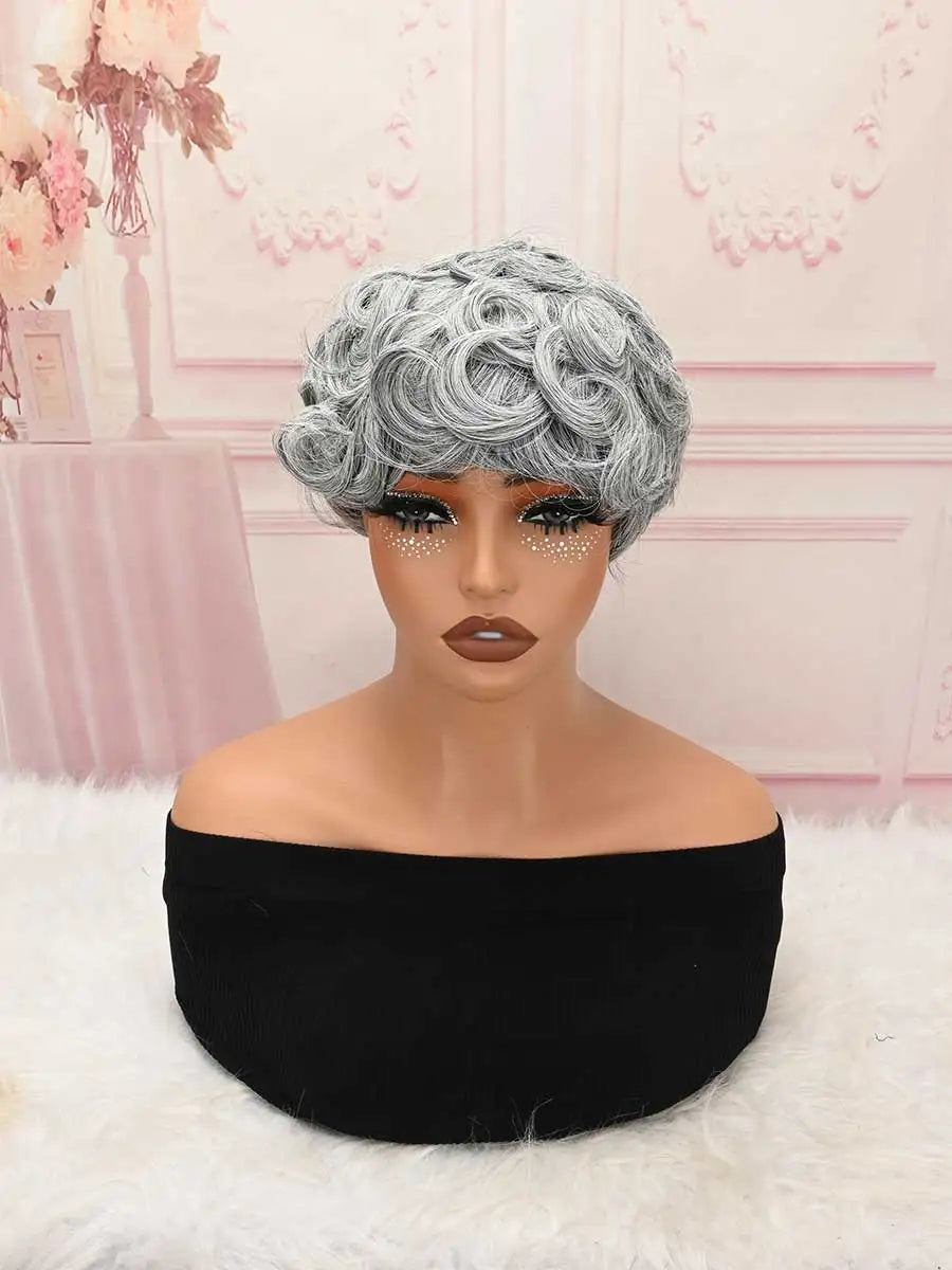 Silver Grey Fluffy Short Curly Pixie Wig Bang Heat Resistant Synthetic Women Party Wig