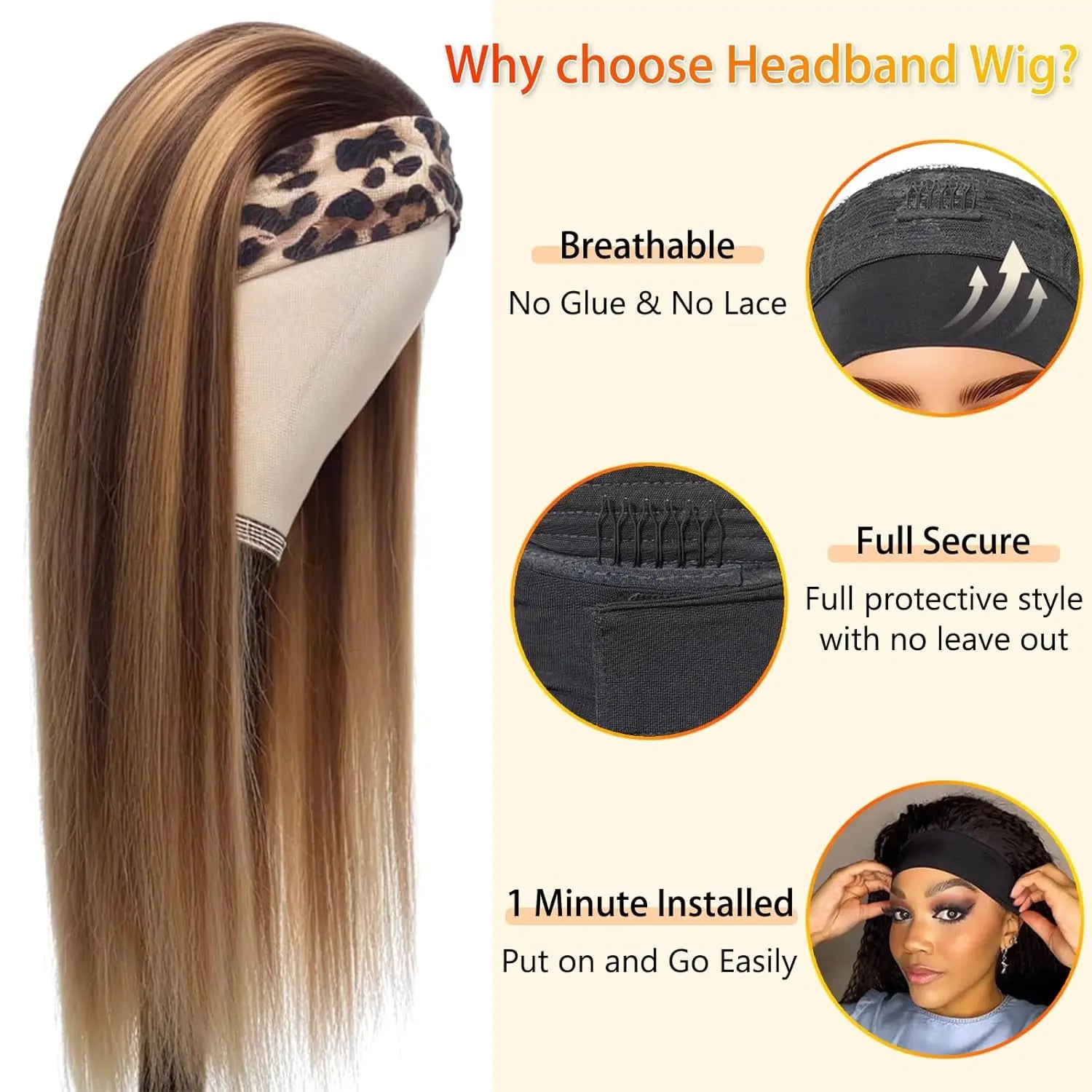 Highlight Ombre 18 Inch Headband Wig Human Hair Honey Blonde 4/27 Glueless Brazilian Virgin Straight 200% Density