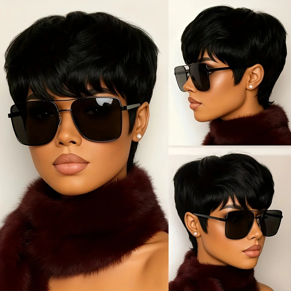 short straight human hair wig for women daily party use wig machine made pixie wig black color pixie cut wig