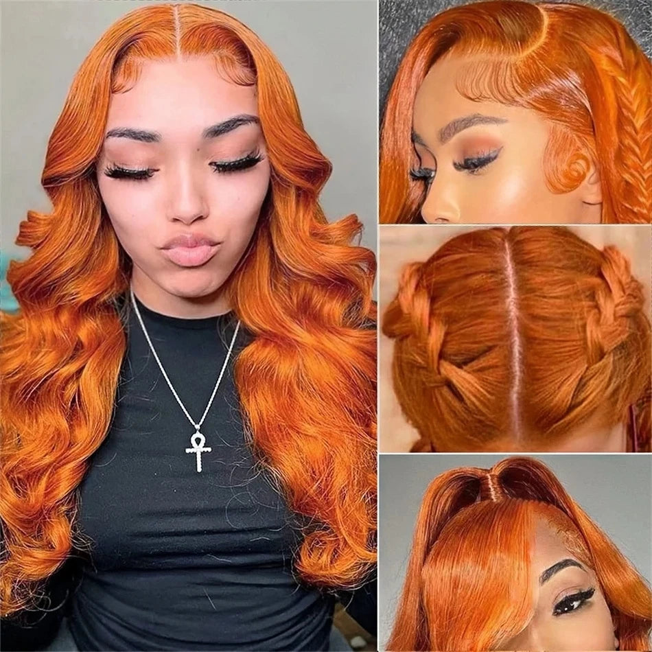 Orange Ginger Body Wave 13x6 Glueless Hd Transparent Lace Front Human Hair Wig 13x4 Lace Frontal Colored 30 40 Inch For Women