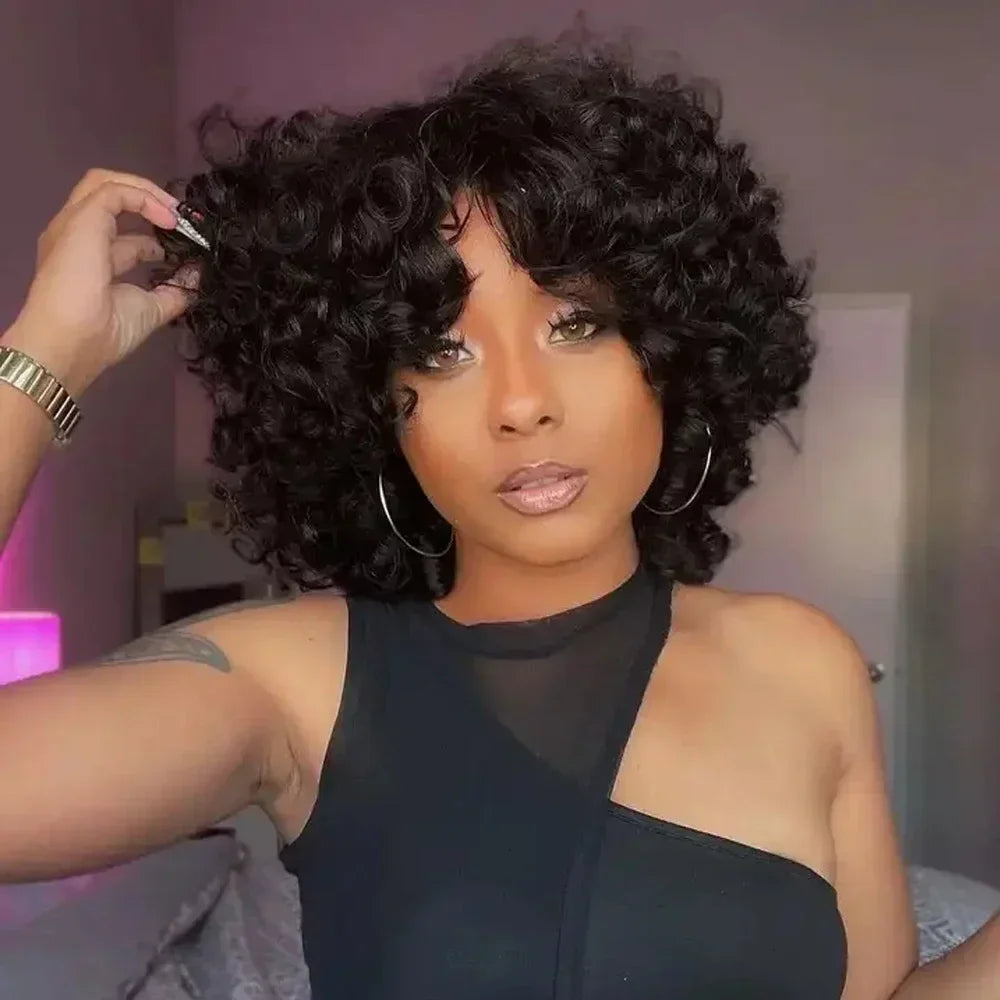 Fluffy Bouncy Curly Human Hair Wigs with Bangs perruques cheveux humains 180% Density Funmi Curls Short Bob Wig for Black Women