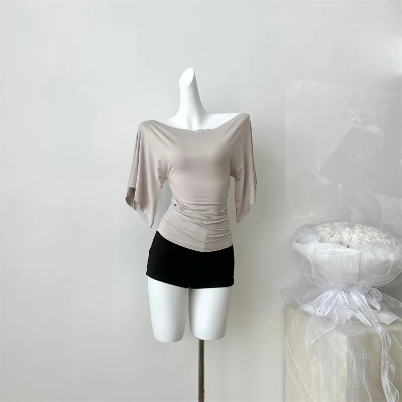 Women's Slash-Neck Flare Sleeve Stretch Top – Pleated Slim Fit