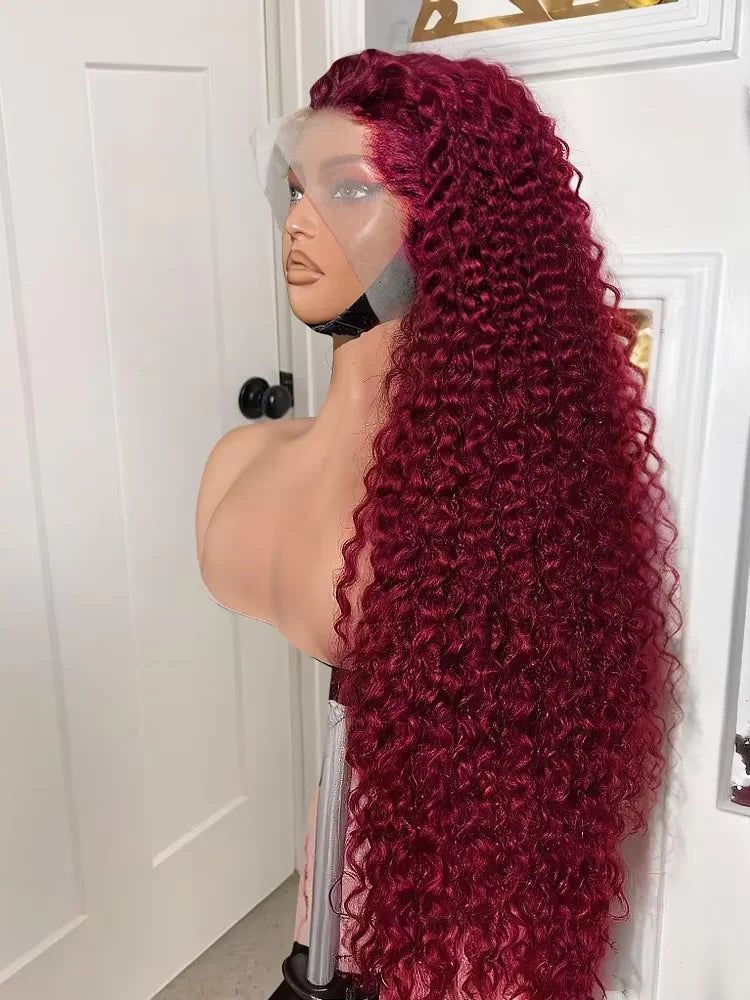 250% Density 99J 13x4 HD Lace Front Human Hair Wigs Burgundy 30 Inch Deep Wave Peruvian Curly Glueless Lace Frontal Closure Wigs