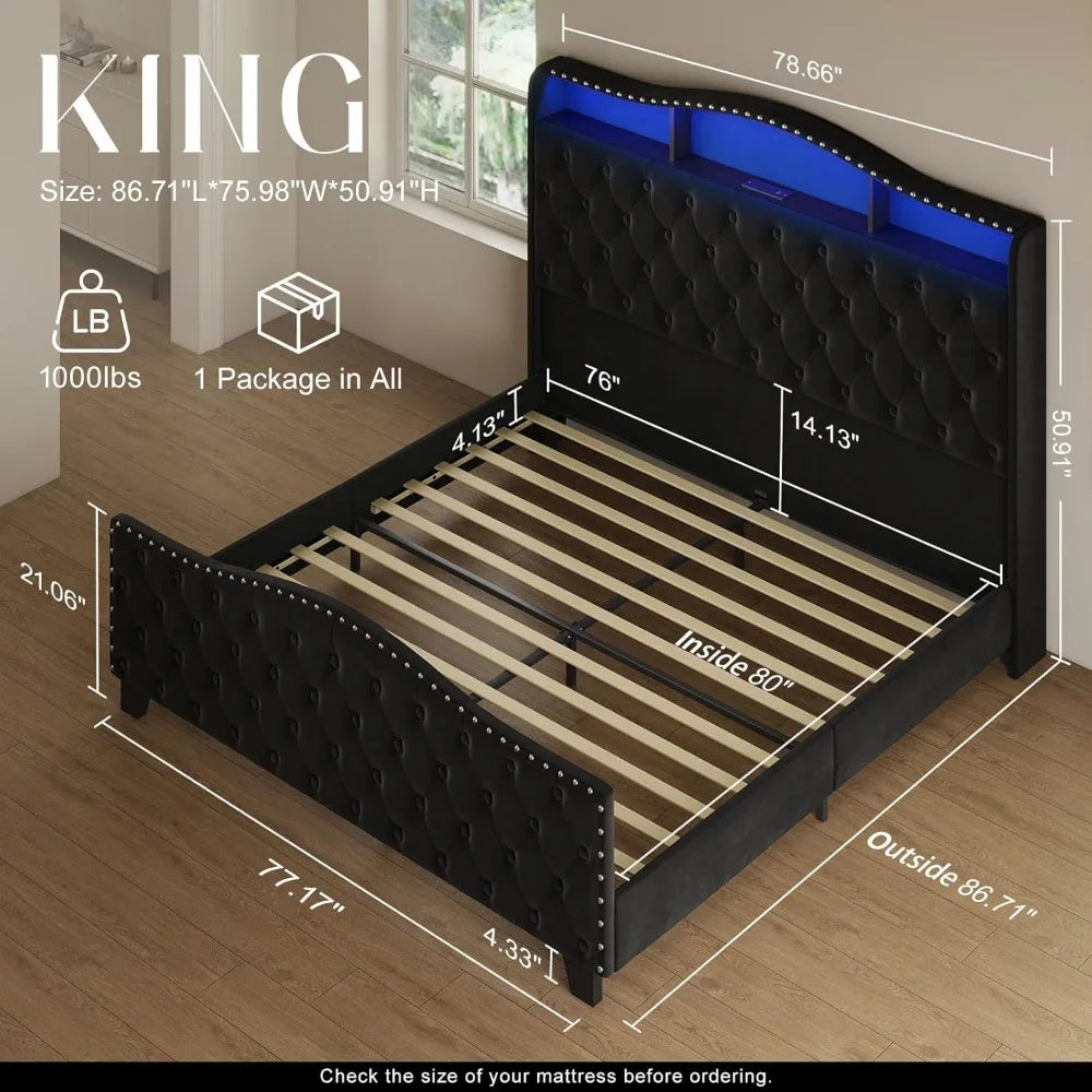 Velvet Upholstered Wingback King Size Bed Frame and Headboard with LED Light & Storage/Charging Station