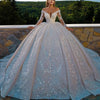 V-Neck Wedding Dress Off The Shoulder Long Sleeve Shiny Applique Sequins Lace Princess Ball Gown