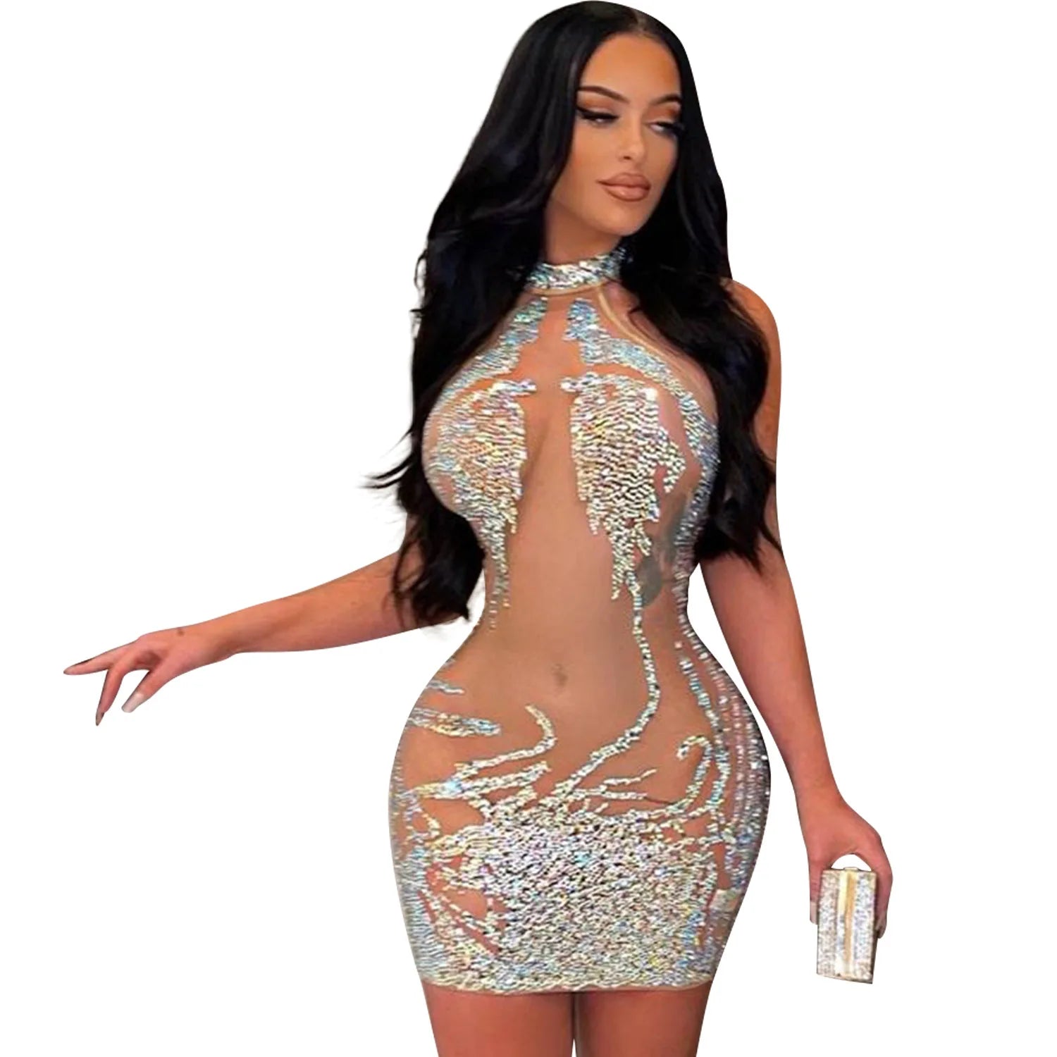 Sexy Mesh Rhinestone Short Prom Evening Mini Diamond Bodycon Dresses