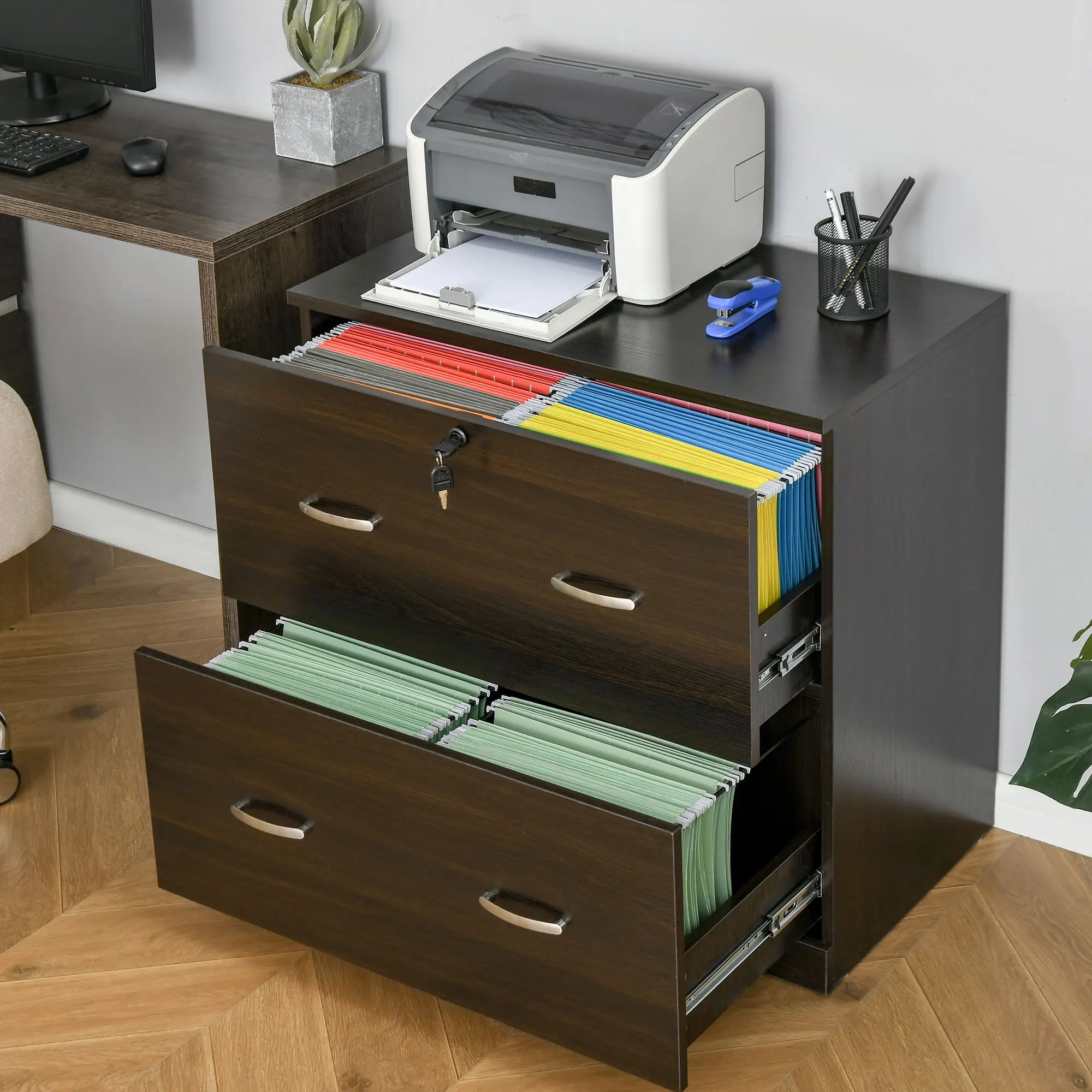 Vertical Office File Cabinet with 2 Drawers, Lock & Keys for A4 Size Papers, Walnut