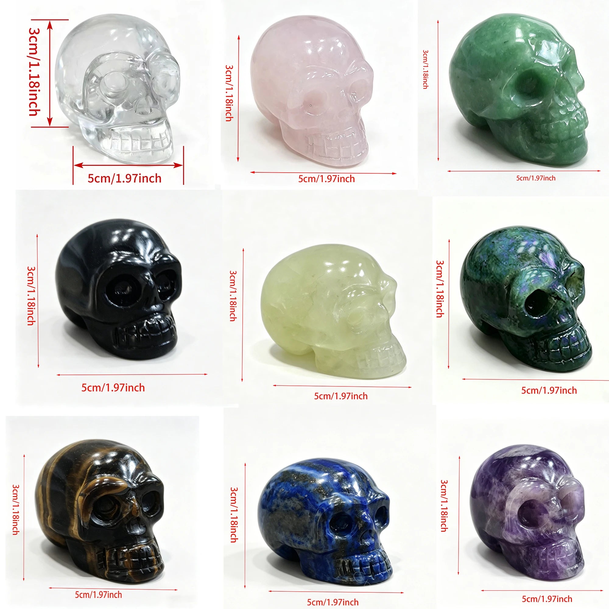 9 Colors 2 Inch Crystal Skull Head, Mini Carved Healing Crystal Figurine for Halloween Decor, Meditation & Home Office Gift
