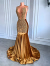 Long Gold Prom Dresses Real Picture Sheer Top Luxury Sparkly Diamond Velvet  Mermaid Prom Party Gala Gowns