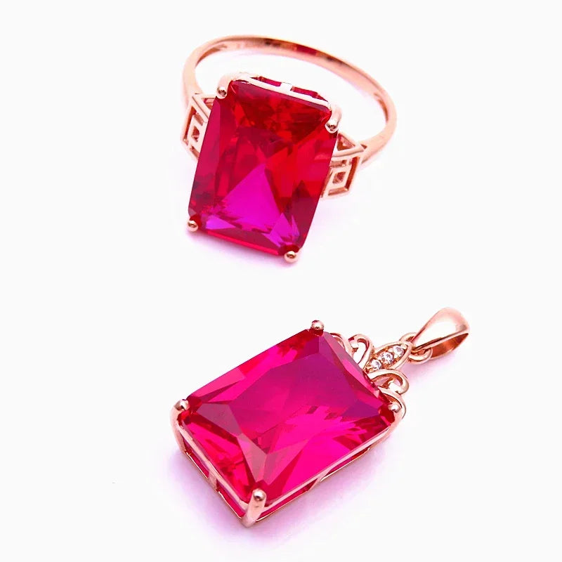 585 purple gold plated 14K rose gold square ruby exaggerated necklac esrrings for women delicate luxury engagement jewlery set