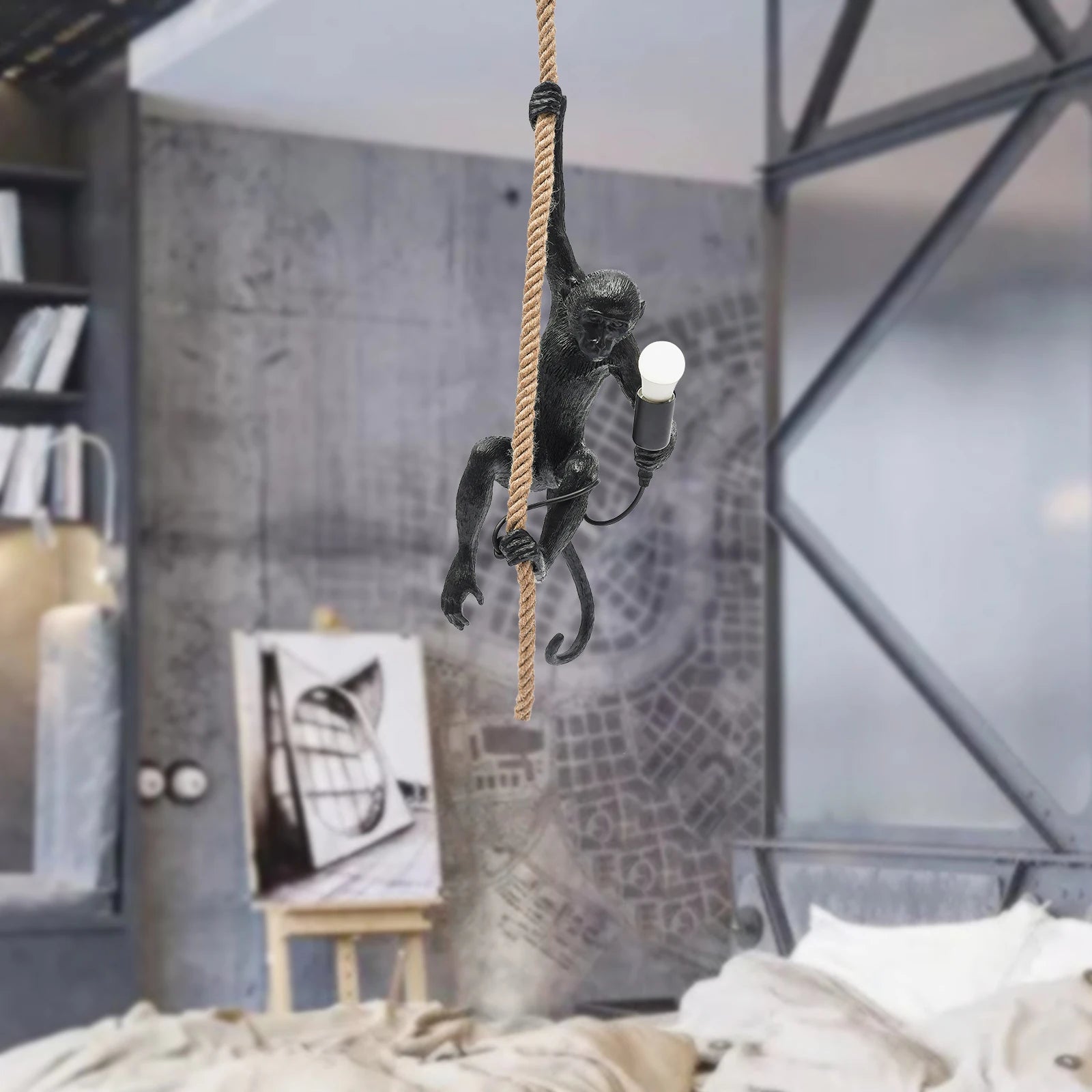 Monkey Pendant Light with Hemp Rope Chain and E26 Lamp Holder