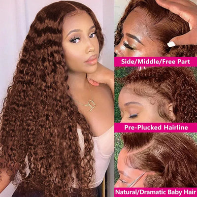 13x4 Brown Lace Front Wig Deep Wave Frontal Wig HD Lace Front Human Hair Wigs Pre Plucked