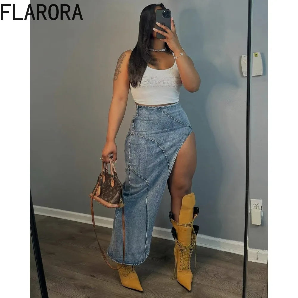 FLARORA Fashion Irregular Denim Skirts Woman Side Slit Zip High Waist Jeans Skirt Vintage Distressed Female Street Long Bottoms