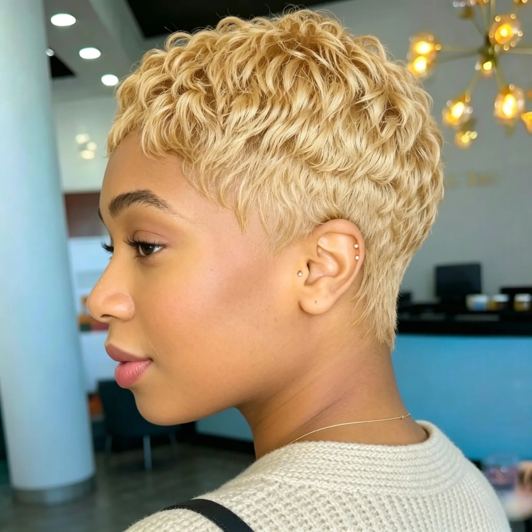 6 Inches Honey Blonde Short Curly Pixie Human Hair Wig For Women Full Machine Made Short Wigs