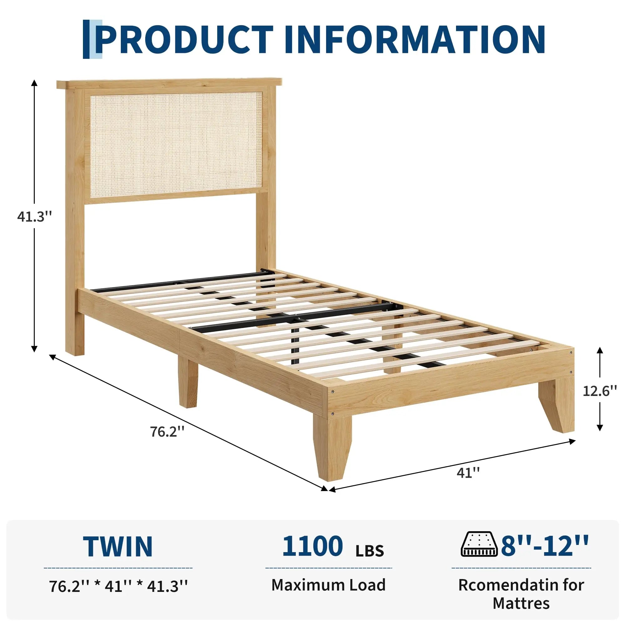 Bohemian Rattan Bed Frame With Natural Headboard & LED Light, Easy Assembly