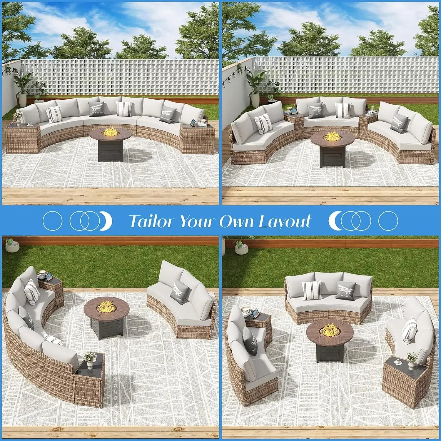 11-Piece Half-Moon Round Sectional Outdoor Patio Set with Cushions & Wedge Table