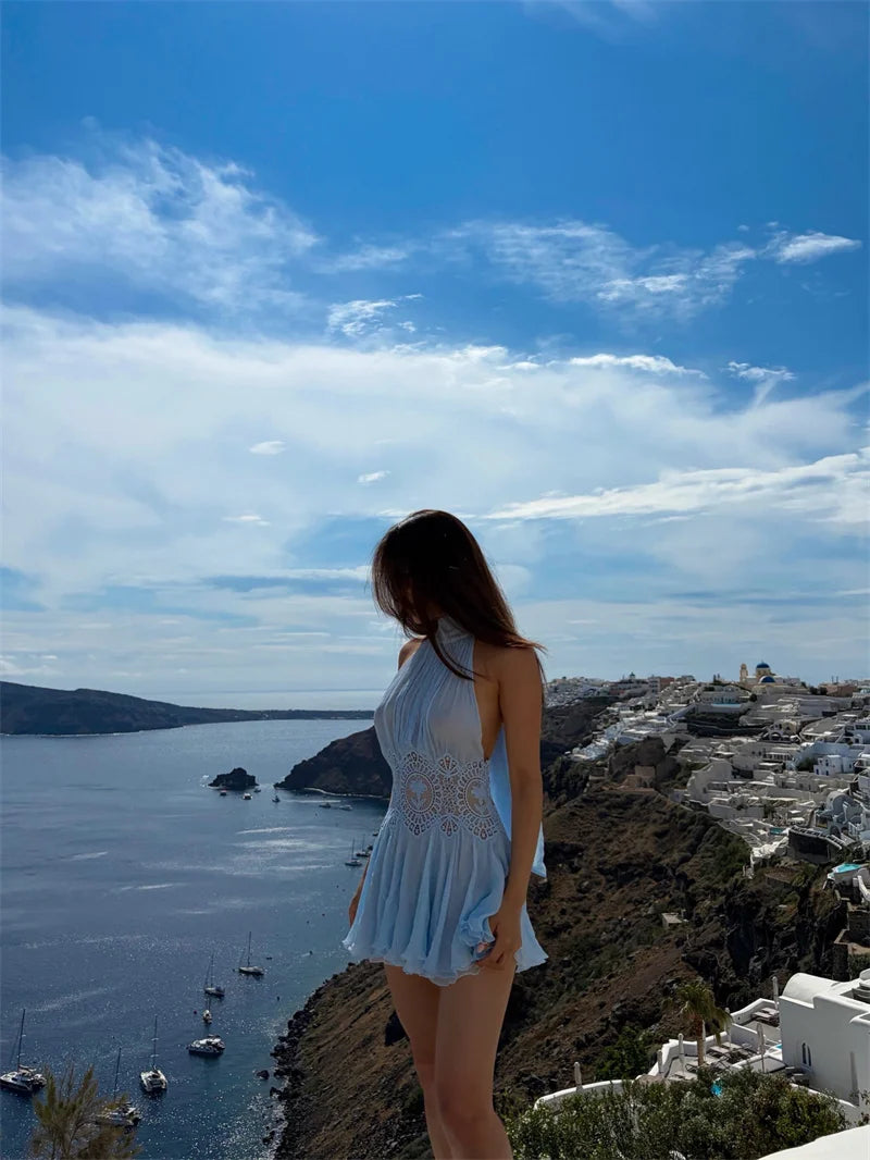 Women Floral Lace Mini Dresses for Woman Halter Neck Ruffle Dress High Waist Short Dresses 2026 Summer Beach Female Outfits