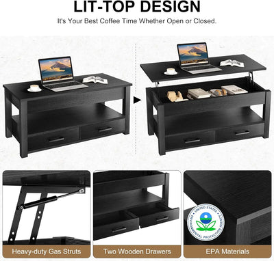 41.7'' Lift-Top Coffee Table with 2 Storage Drawers and Open Shelf