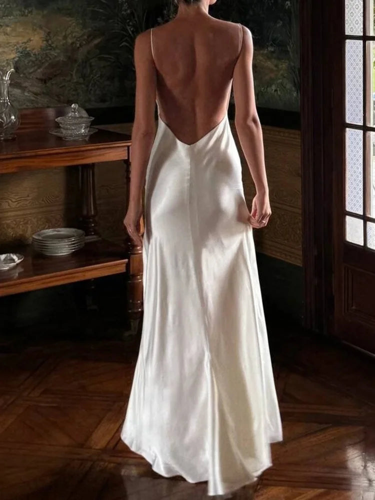 Luxury White Satin Backless Veatido Women Sexy Spaghetti Strap V-neck High Split Midi Dress Vacation Evening Party Beach Outfits