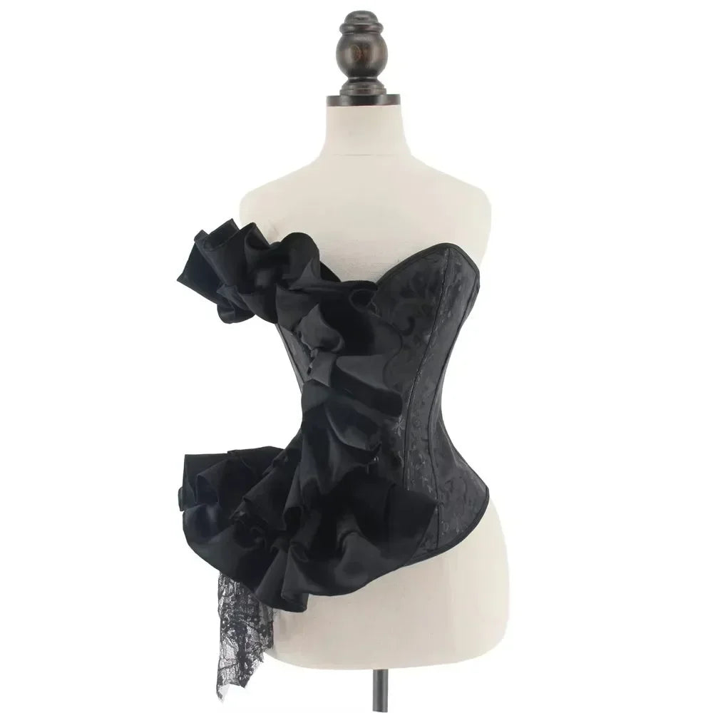 Black Brocade Corset Tops Women Overbust Bustiers Sexy Ruffle Floral Lace-up Lingerie Vintage Victorian Body Shaper Corselet