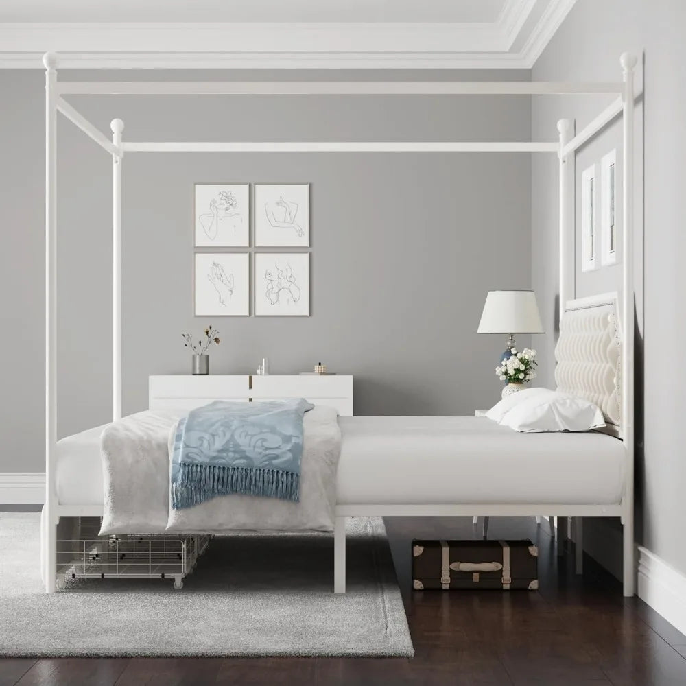 Keyluv Queen Upholstered Canopy Bed Frame with 2 Drawers and Button Tufted Headboard