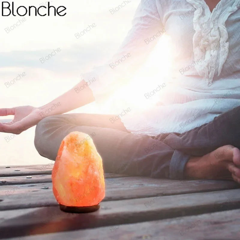 Himalayan Crystal Salt Lamp with Hand Carved Wooden Base