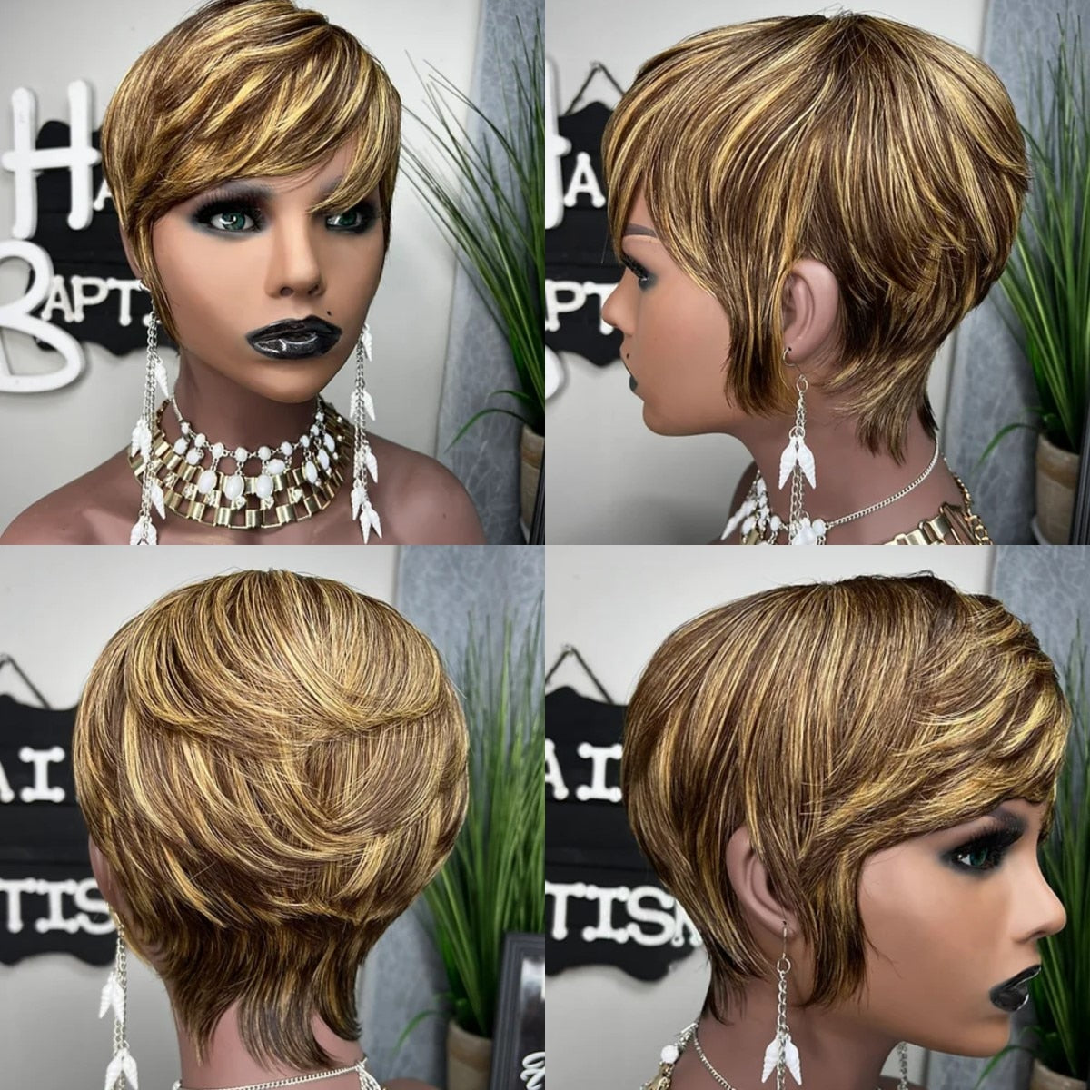 Highlight Synthetic Wigs Short Straight Pixie Cut Hair Bob Wig Honey Gold Mix Black Hair for Woman Non Lace Wig, Size: 5-6 inch