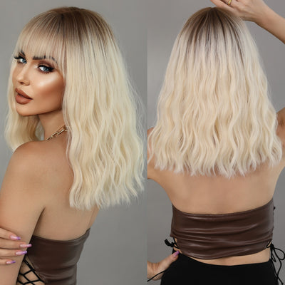 Short Bob Ombre Blonde Natural Synthetic Hair Wig with Bangs