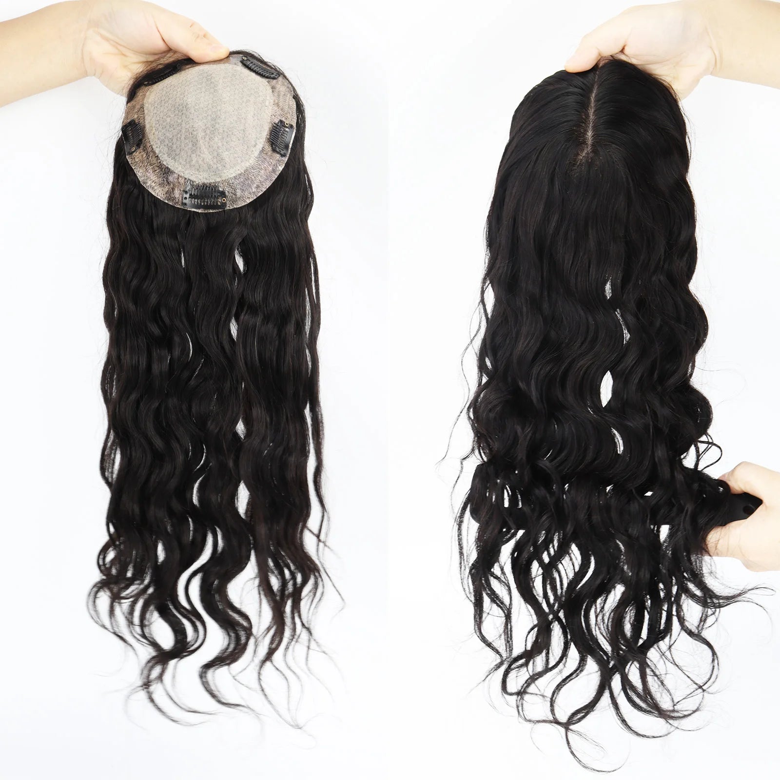 15X16cm Wavy Brown European Virgin Hair Women's Topper Silk Skin Base Toupee with PU Around Clips in 100% Human Hair Extensions