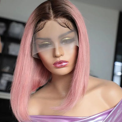 Ombre Pink Bob Straight Lace Front Human Hair Wig with Bleached Knots Pre-Plucked