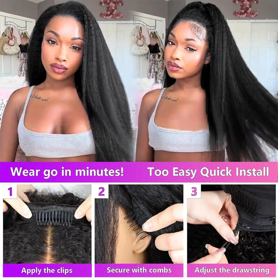 Kinky Straight Half Wig 3 In 1 Half Wig With Drawstring Flip Over Half Wig Yaki Straight Glueless Wigs Ready to Wear 250 Density