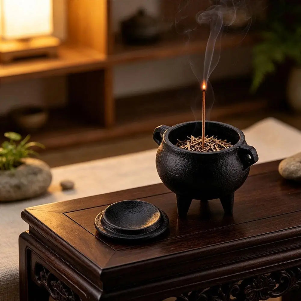 Witch Style Three Legged Black Cast Iron Cauldron With Cover Incense Burner Pot Ritual Altar Halloween Cosplay Table Decor