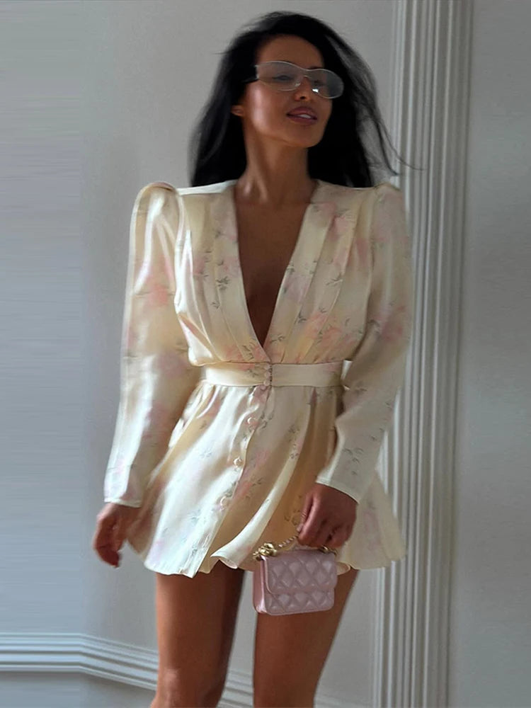 Casual Printed Mini Dress Women Full Sleeve Button V-neck Lady Short Dresses Waist Tape 2026 Spring Summer Female Robe Beach